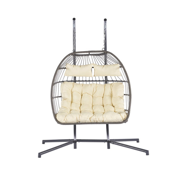 HomeRoots Beige Double Swing Chair for Two - Stylish Indoor/Outdoor Seating with Durable Wicker Design 555425