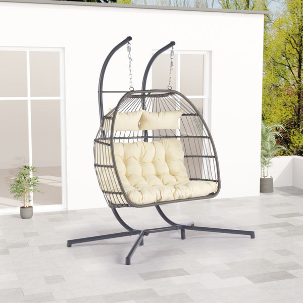 HomeRoots Beige Double Swing Chair for Two - Stylish Indoor/Outdoor Seating with Durable Wicker Design 555425