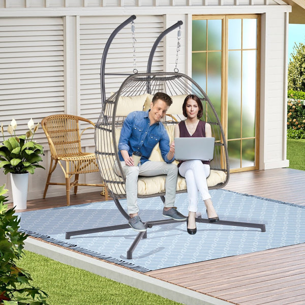 HomeRoots Beige Double Swing Chair for Two - Stylish Indoor/Outdoor Seating with Durable Wicker Design 555425