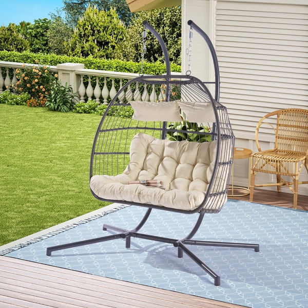 HomeRoots Beige Double Swing Chair for Two - Stylish Indoor/Outdoor Seating with Durable Wicker Design 555425