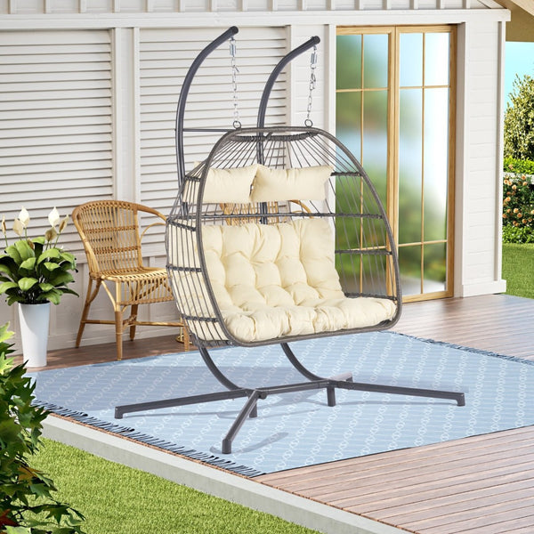 HomeRoots Beige Double Swing Chair for Two - Stylish Indoor/Outdoor Seating with Durable Wicker Design 555425