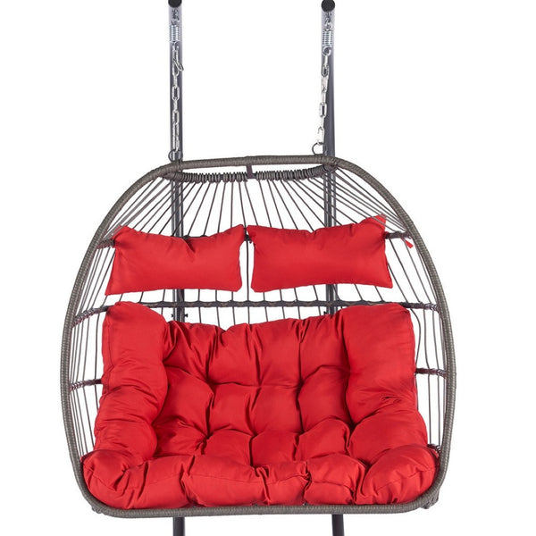 HomeRoots Red Double Swing Chair - Cozy Wicker-Style Hammock for 2, Perfect for Patios & Outdoor Relaxation! 555426