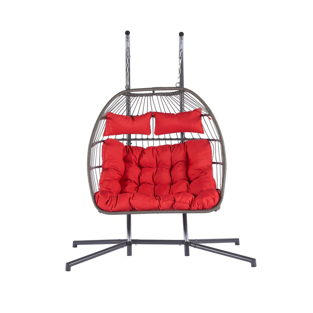 HomeRoots Red Double Swing Chair - Cozy Wicker-Style Hammock for 2, Perfect for Patios & Outdoor Relaxation! 555426