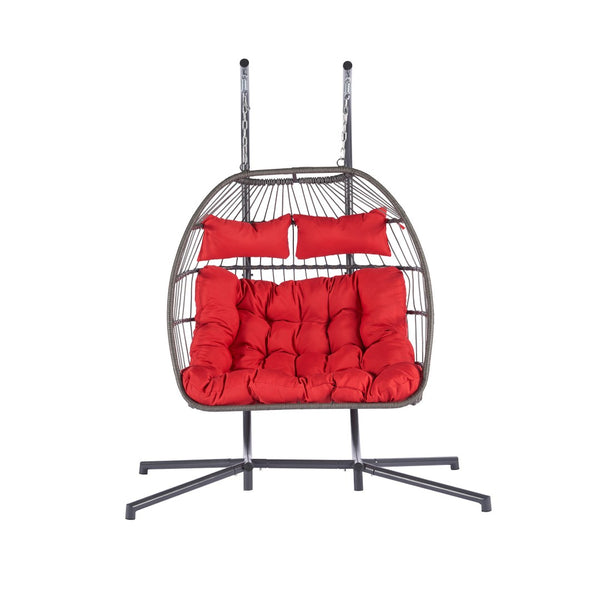 HomeRoots Red Double Swing Chair - Cozy Wicker-Style Hammock for 2, Perfect for Patios & Outdoor Relaxation! 555426