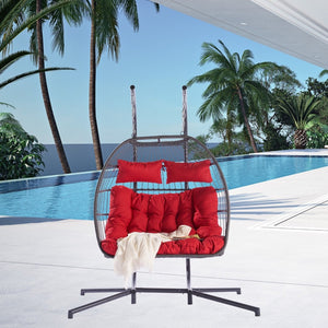 HomeRoots Red Double Swing Chair - Cozy Wicker-Style Hammock for 2, Perfect for Patios & Outdoor Relaxation! 555426