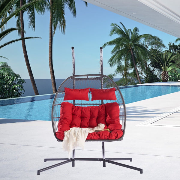HomeRoots Red Double Swing Chair - Cozy Wicker-Style Hammock for 2, Perfect for Patios & Outdoor Relaxation! 555426