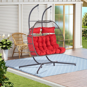 HomeRoots Red Double Swing Chair - Cozy Wicker-Style Hammock for 2, Perfect for Patios & Outdoor Relaxation! 555426