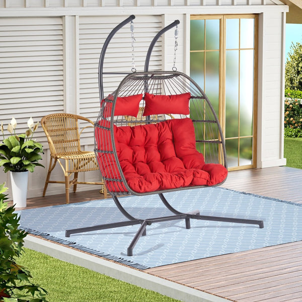 HomeRoots Red Double Swing Chair - Cozy Wicker-Style Hammock for 2, Perfect for Patios & Outdoor Relaxation! 555426