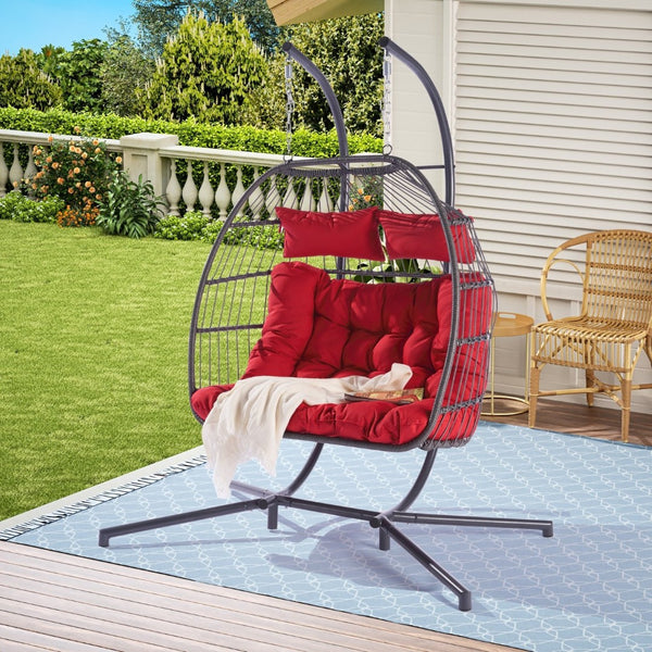 HomeRoots Red Double Swing Chair - Cozy Wicker-Style Hammock for 2, Perfect for Patios & Outdoor Relaxation! 555426