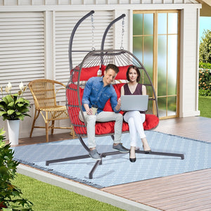 HomeRoots Red Double Swing Chair - Cozy Wicker-Style Hammock for 2, Perfect for Patios & Outdoor Relaxation! 555426