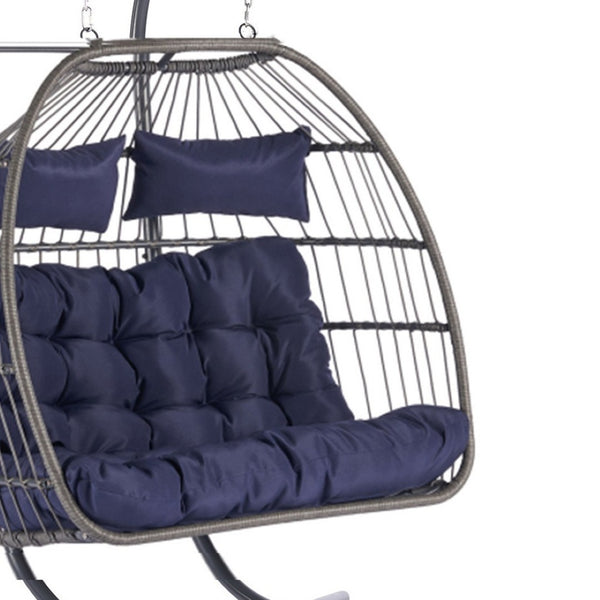 HomeRoots Dark Blue Double Swing Chair - Cozy, Stylish Wicker Seat for Two, Perfect for Indoor & Outdoor Relaxation! 555427