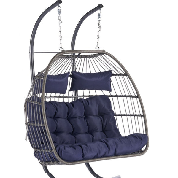 HomeRoots Dark Blue Double Swing Chair - Cozy, Stylish Wicker Seat for Two, Perfect for Indoor & Outdoor Relaxation! 555427