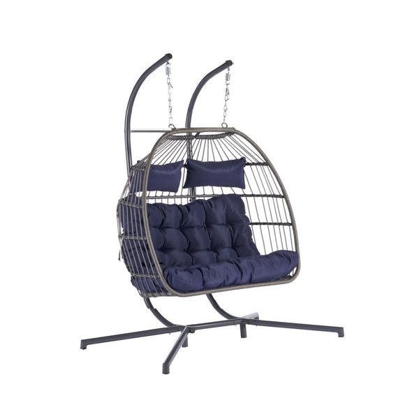 HomeRoots Dark Blue Double Swing Chair - Cozy, Stylish Wicker Seat for Two, Perfect for Indoor & Outdoor Relaxation! 555427