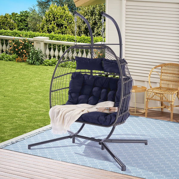 HomeRoots Dark Blue Double Swing Chair - Cozy, Stylish Wicker Seat for Two, Perfect for Indoor & Outdoor Relaxation! 555427