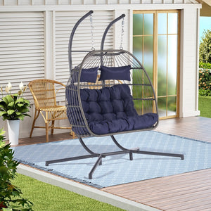 HomeRoots Dark Blue Double Swing Chair - Cozy, Stylish Wicker Seat for Two, Perfect for Indoor & Outdoor Relaxation! 555427
