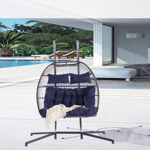 HomeRoots Dark Blue Double Swing Chair - Cozy, Stylish Wicker Seat for Two, Perfect for Indoor & Outdoor Relaxation! 555427