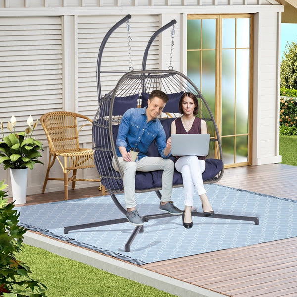 HomeRoots Dark Blue Double Swing Chair - Cozy, Stylish Wicker Seat for Two, Perfect for Indoor & Outdoor Relaxation! 555427