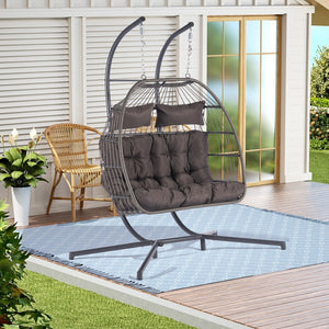 HomeRoots Dark Gray Double Swing Chair – Elegant Woven Wicker, Spacious for Two, Perfect for Indoor & Outdoor Relaxation 555428