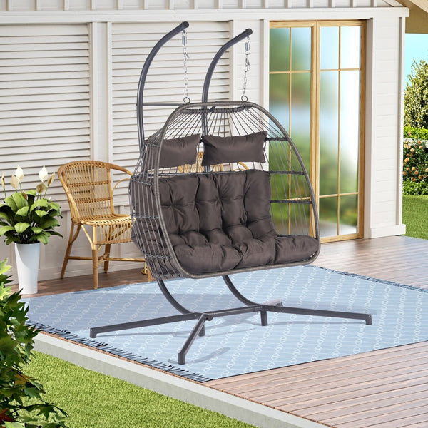 HomeRoots Dark Gray Double Swing Chair – Elegant Woven Wicker, Spacious for Two, Perfect for Indoor & Outdoor Relaxation 555428