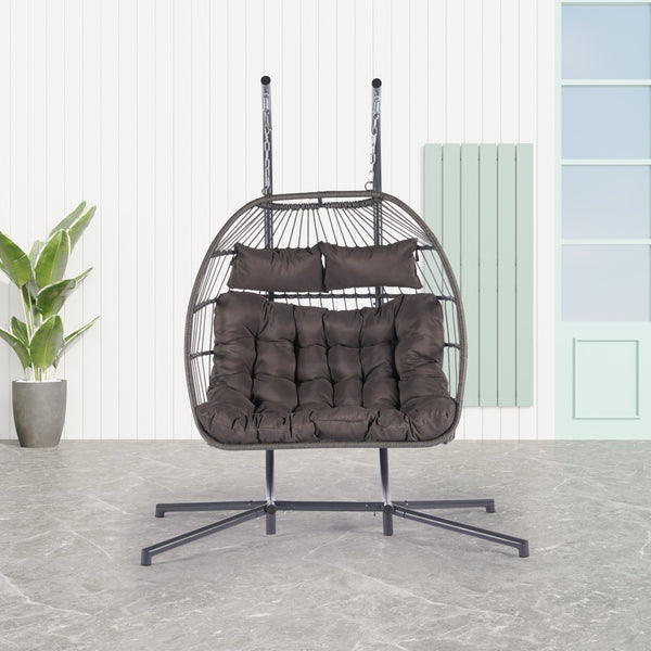 HomeRoots Dark Gray Double Swing Chair – Elegant Woven Wicker, Spacious for Two, Perfect for Indoor & Outdoor Relaxation 555428