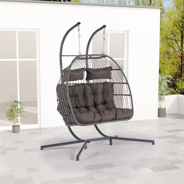 HomeRoots Dark Gray Double Swing Chair – Elegant Woven Wicker, Spacious for Two, Perfect for Indoor & Outdoor Relaxation 555428