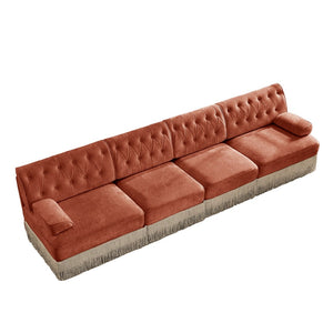 English Elm 135" Modular Chesterfield Sectional Sofa Velvet Tufted Tassel Skirt Lounge Seating Red+Brown W714S01725