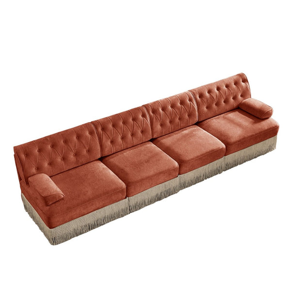 English Elm 135" Modular Chesterfield Sectional Sofa Velvet Tufted Tassel Skirt Lounge Seating Red+Brown W714S01725