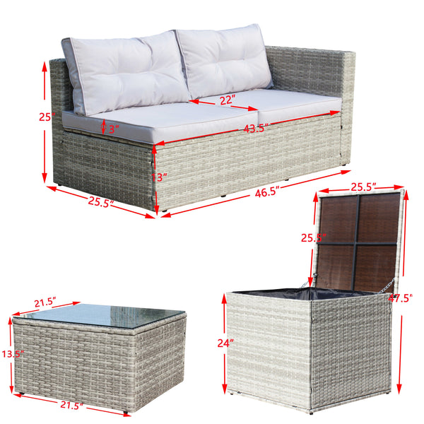 English Elm 4 Piece Patio Sectional Wicker Rattan Outdoor Furniture Sofa Set with Storage Table, Beige Cushions, Tempered Glass Grey W209S00014