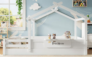 English Elm Queen House Shaped Kids Floor Bed Pine Wood Frame with Guardrails and Personalized Headboard Light White W1580P396334