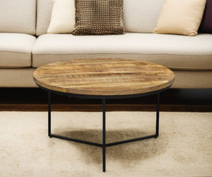 Homeroots 32" Rustic Round Coffee Table With Distressed Solid Wood Top & Sturdy Black Iron Cross Legs   555477