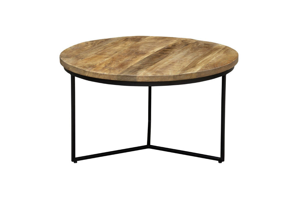 HomeRoots 32" Rustic Round Distressed Coffee Table with Black Iron Cross Legs for Vintage Industrial Style 555477