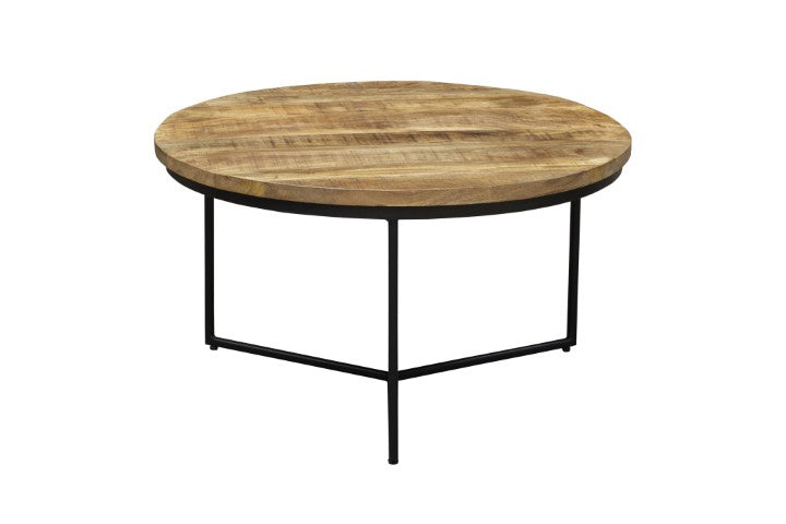 Homeroots 32" Rustic Round Coffee Table With Distressed Solid Wood Top & Sturdy Black Iron Cross Legs   555477