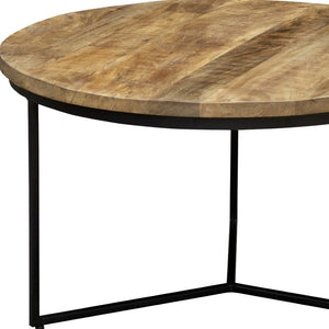 Homeroots 32" Rustic Round Coffee Table With Distressed Solid Wood Top & Sturdy Black Iron Cross Legs   555477