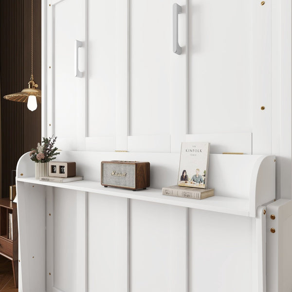 English Elm Queen Murphy Wall Bed with Integrated Desk Gas Strut Lift White Cabinet for Small Spaces White W504S00216