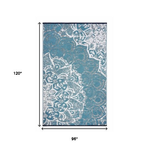 Homeroots 8' Teal Blue Floral Area Rug - Stain-resistant, Uv-protected Indoor/Outdoor Decor For Any Space  Polypropylene 555575