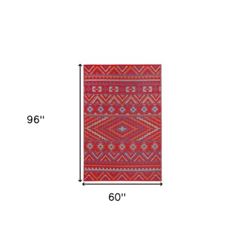Homeroots 5' X 8' Red Geometric Indoor Outdoor Area Rug - Stain Resistant, Uv Protected, Perfect For Kids & Pets  Polypropylene 555592