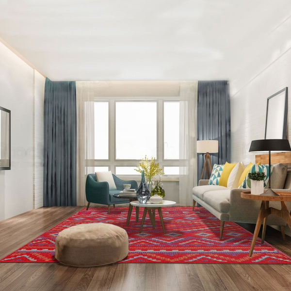 Homeroots 9' X 12' Red Geometric Area Rug - Machine Braided, Distressed Design With Uv Protection & Stain Resistance  Polypropylene 555595