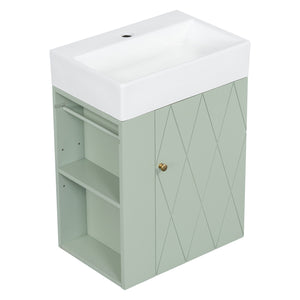 English Elm 20 Modern Wall-Mounted Bathroom Vanity with Ceramic Sink, Diamond Door, Gold Handles & Shelves — Compact Green N725P314033F