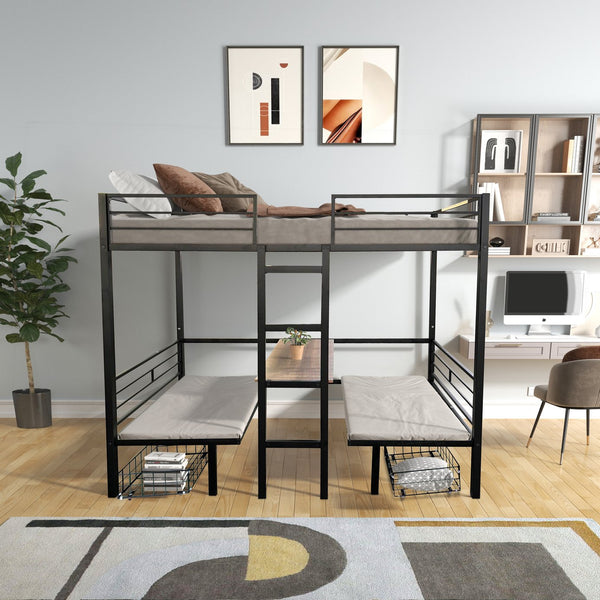 English Elm Twin Metal Loft Bed with Table & Bench Set, CPC-Certified, Noise-Free Slats, Guardrails, Drawers W427S00068