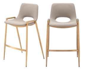 Homeroots Set Of Two 26" Beige And Gold Faux Leather And Steel Low Back Counter Height Bar Chairs   555657