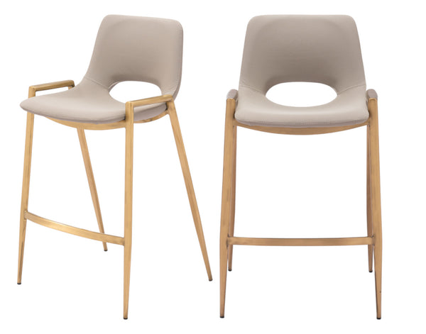 Homeroots Set Of Two 26" Beige And Gold Faux Leather And Steel Low Back Counter Height Bar Chairs   555657