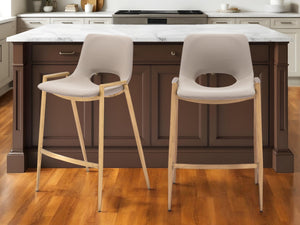 Homeroots Set Of Two 26" Beige And Gold Faux Leather And Steel Low Back Counter Height Bar Chairs   555657