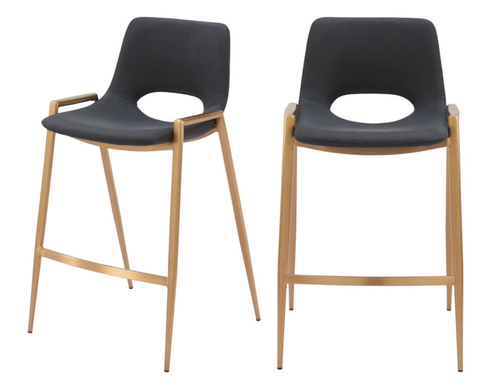 Homeroots Set Of Two 26" Black And Gold Faux Leather And Steel Low Back Counter Height Bar Chairs   555658