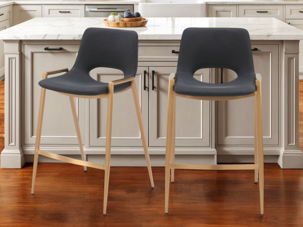 Homeroots Set Of Two 26" Black And Gold Faux Leather And Steel Low Back Counter Height Bar Chairs   555658