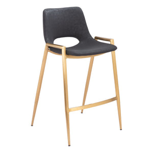 HomeRoots Set of Two Modern 26" Black & Gold Faux Leather Counter Height Bar Chairs with Footrest Comfort 555658