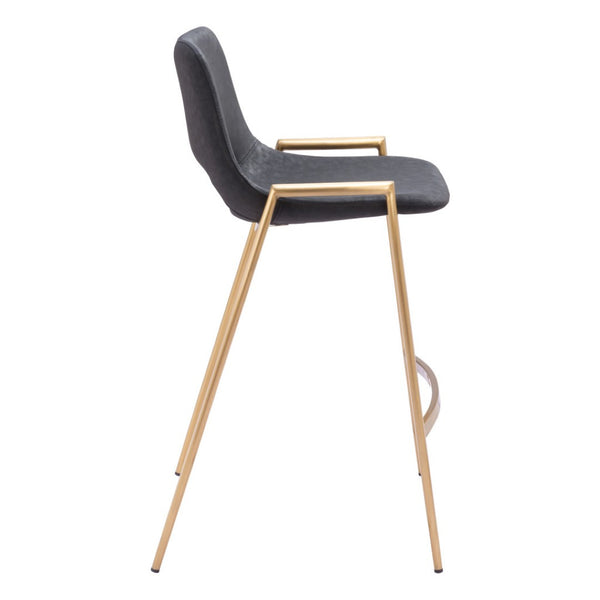 HomeRoots Set of Two Modern 26" Black & Gold Faux Leather Counter Height Bar Chairs with Footrest Comfort 555658