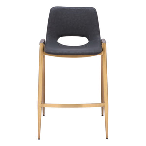 HomeRoots Set of Two Modern 26" Black & Gold Faux Leather Counter Height Bar Chairs with Footrest Comfort 555658