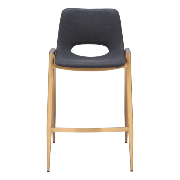 HomeRoots Set of Two Modern 26" Black & Gold Faux Leather Counter Height Bar Chairs with Footrest Comfort 555658