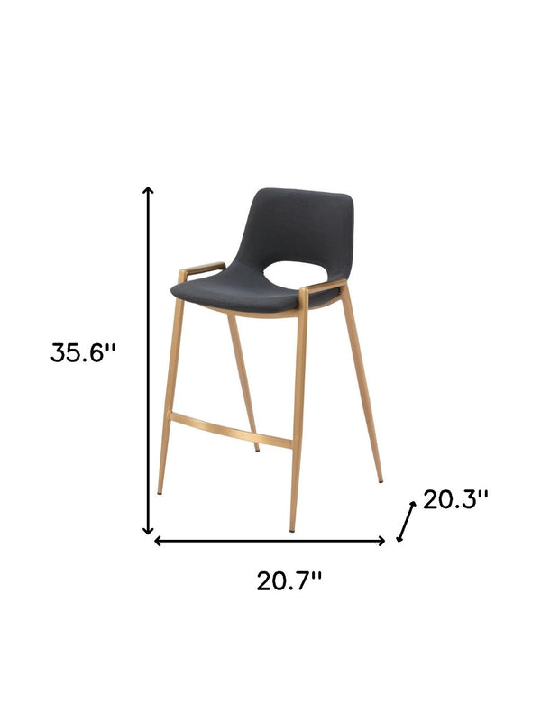 HomeRoots Set of Two Modern 26" Black & Gold Faux Leather Counter Height Bar Chairs with Footrest Comfort 555658