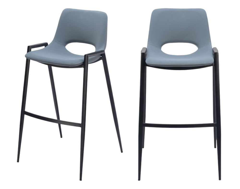 Homeroots Set Of Two 30" Blue And Black Faux Leather And Steel Low Back Bar Height Bar Chairs   555659